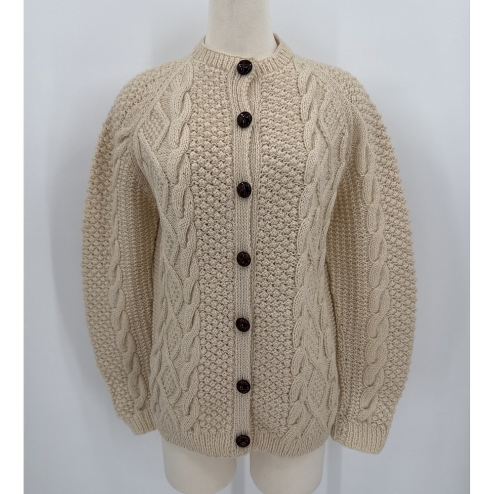 Vintage Handknit 100% Wool Cream Cardigan Approx. Size Large Classic Fisherman
